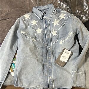 Men's Light Blue Star Embroidered Denim Shirt